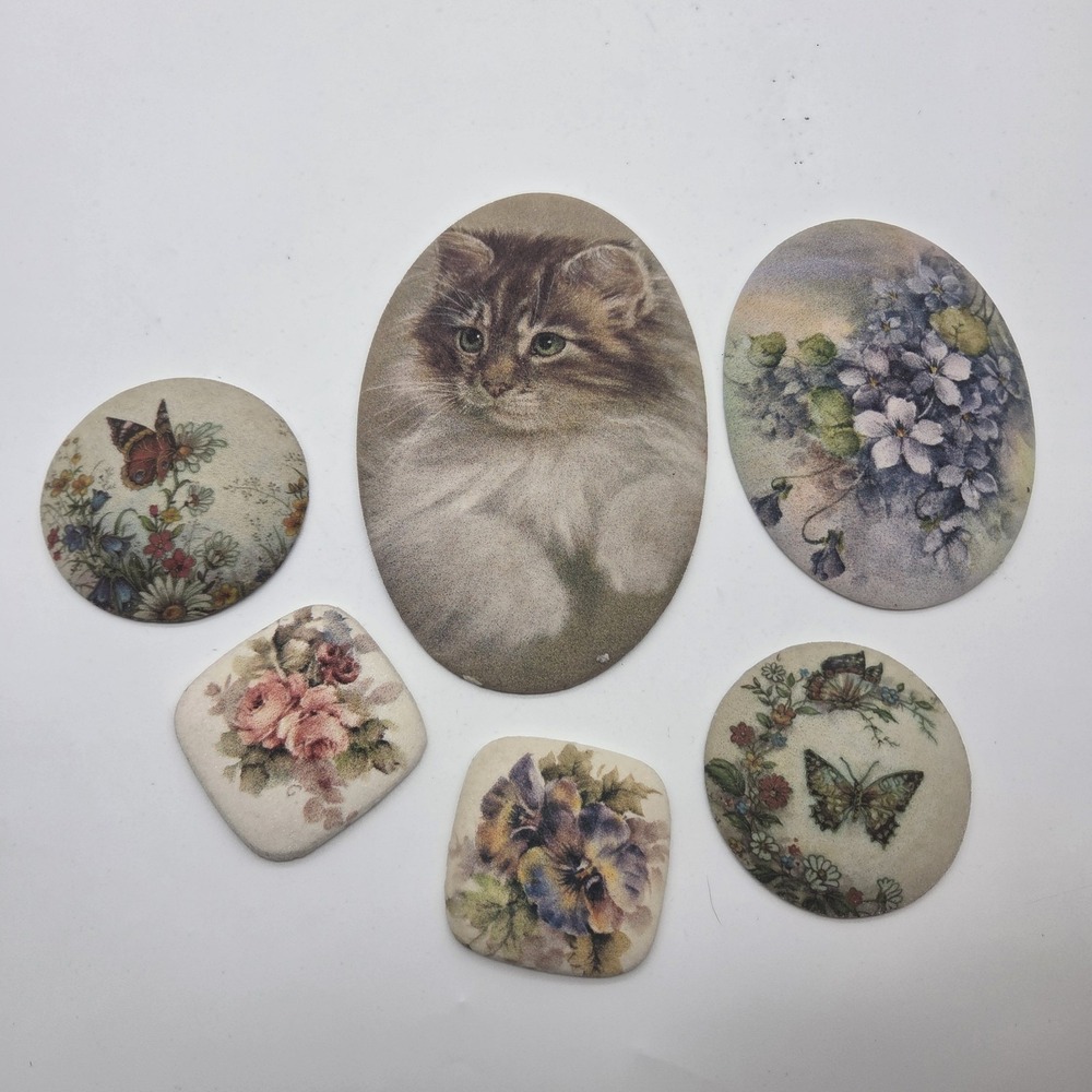 Ceramic Wrapped Painted Discs Paperweight Vintage Cat Butterflies Flowers Decor